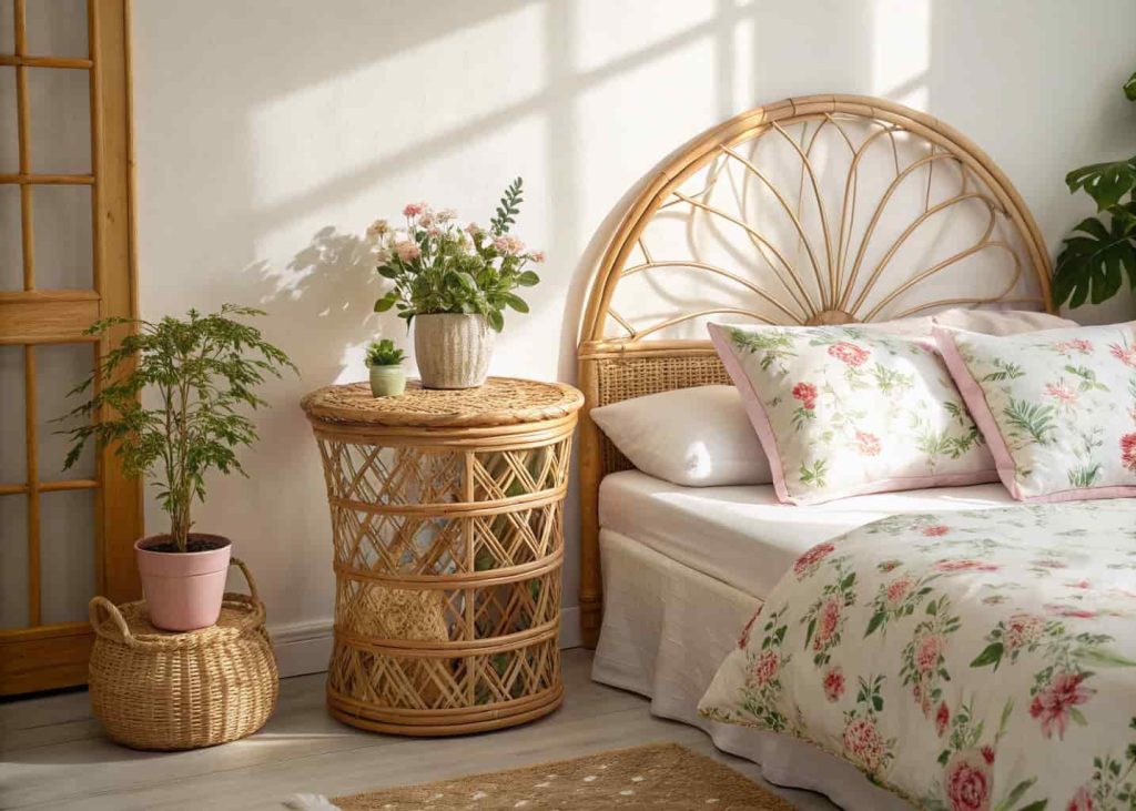 Cozy spring bedroom featuring a natural rattan headboard, wicker side table with a potted plant, soft floral cushions on a white bed, warm sunlight, boho garden aesthetic, interior photography.