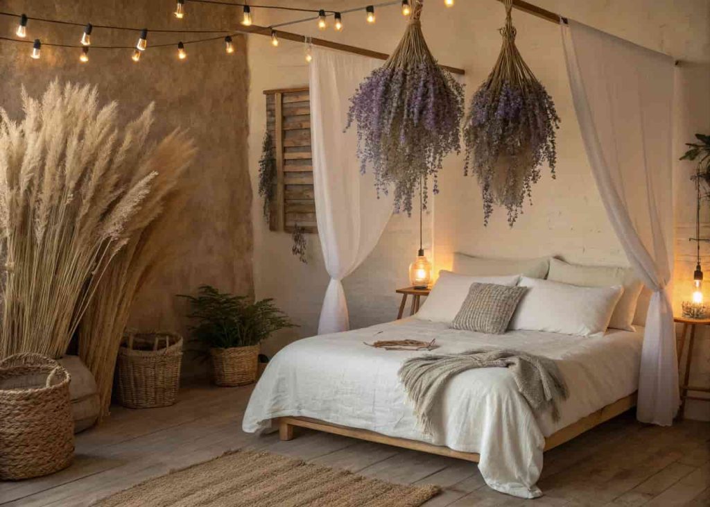 Dreamy bedroom with bundles of dried lavender and pampas grass hanging above a white linen bed from a wooden dowel, warm soft lighting, rustic garden cottage aesthetic, textured walls, cozy interior photography.