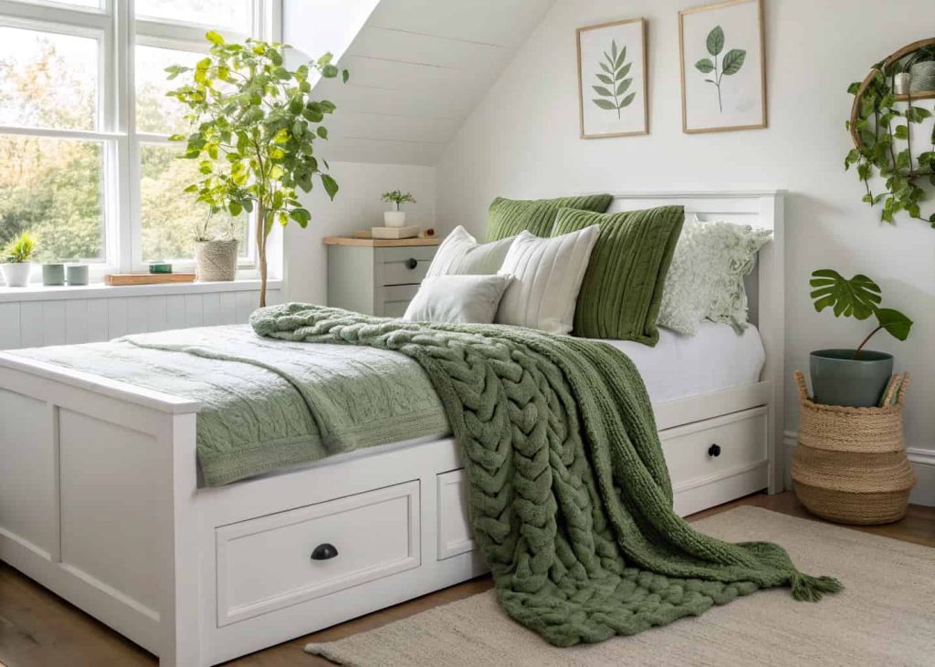 Cozy bedroom corner with layered sage green velvet throw pillows and a chunky moss green knit blanket on a white bed, soft natural light, spring garden color palette, minimalist styling interior photography.