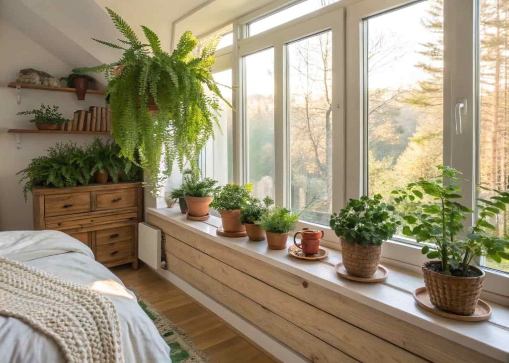 Bright spring bedroom with multiple potted indoor plants on a wooden windowsill and floating shelves, including ferns, pothos, and small blooming plants, terracotta and ceramic pots, natural sunlight, cozy lush interior photography.