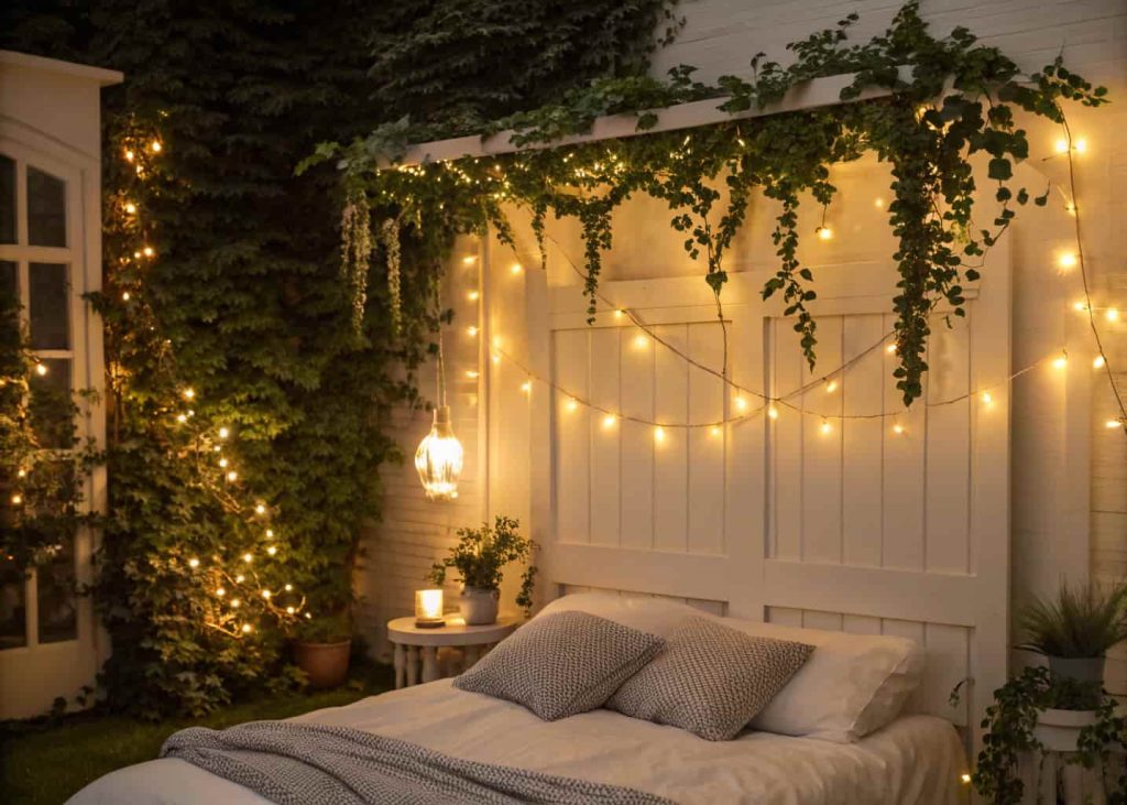 Cozy bedroom at night with warm fairy lights draped across a white headboard intertwined with faux eucalyptus and ivy garlands, soft golden glowing ambiance, garden-party bedroom aesthetic, intimate interior photography.