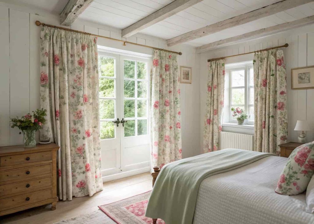 Cozy cottage-style bedroom with floor-length vintage floral curtains in soft rose and green chintz fabric, bright natural spring light filtering through, white walls, simple wooden furniture, English garden aesthetic interior photography.