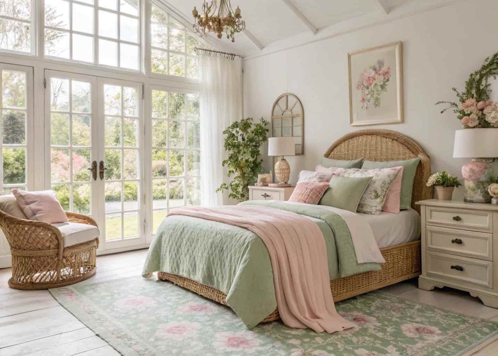 Beautifully styled spring bedroom in a blush pink, sage green, and cream color palette, linen bedding, rattan accents, soft floral details, natural light from large windows, serene and romantic garden-inspired interior photography.