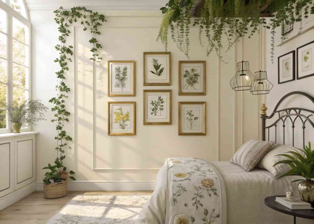 Spring bedroom wall with a gallery of framed vintage botanical illustration prints in black and gold frames, soft cream walls, natural light, elegant garden-inspired bedroom decor, interior lifestyle photography.