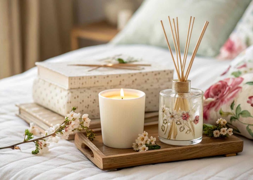Cozy spring bedroom nightstand styled with a white soy wax candle in a ceramic vessel and a reed diffuser with dried botanicals, soft warm light, blurred floral bedding in background, elegant lifestyle interior photography.