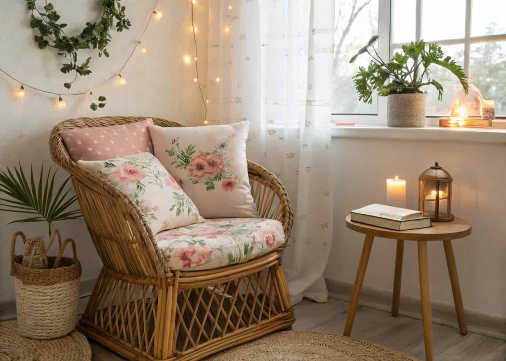 Cozy spring bedroom reading nook with a rattan armchair covered in oversized blush floral cushions, small wooden side table with a book and candle, potted plant nearby, warm fairy lights above, natural window light, inviting interior photography.