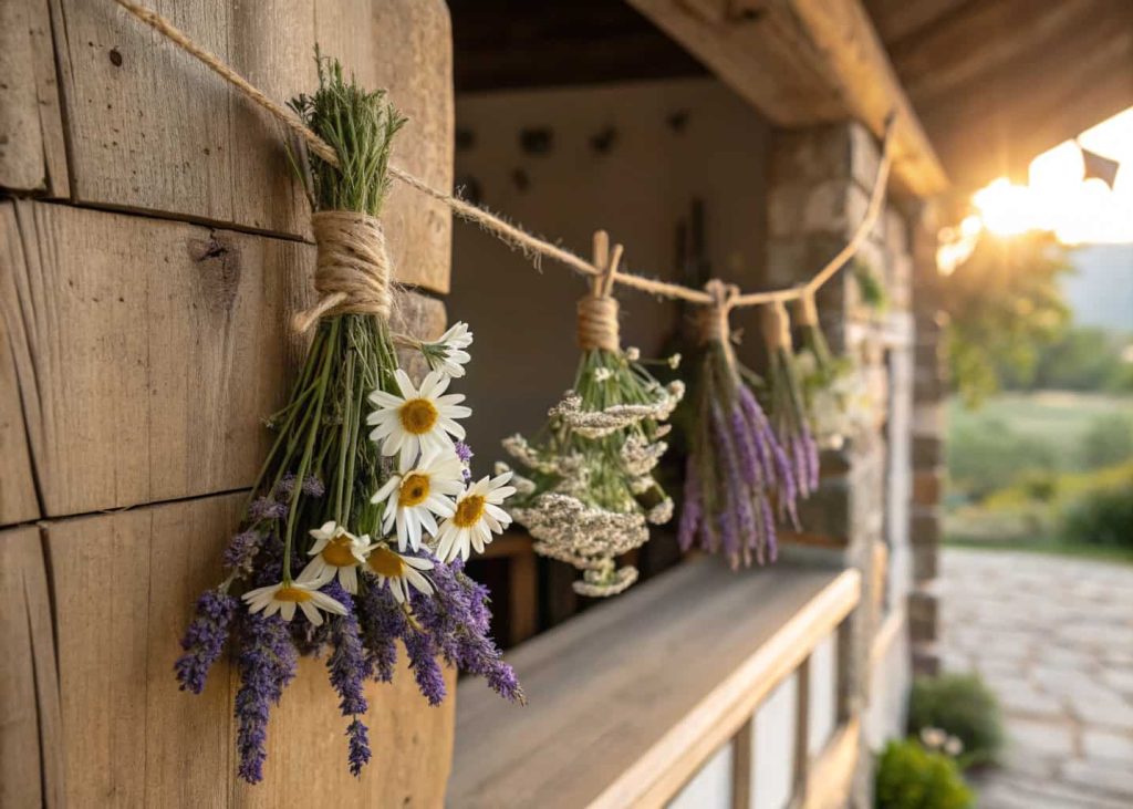 A rustic dried wildflower garland made of chamomile and lavender tied with jute twine, hanging across a wooden farmhouse mantle, warm natural daylight, soft bokeh background, earthy tones