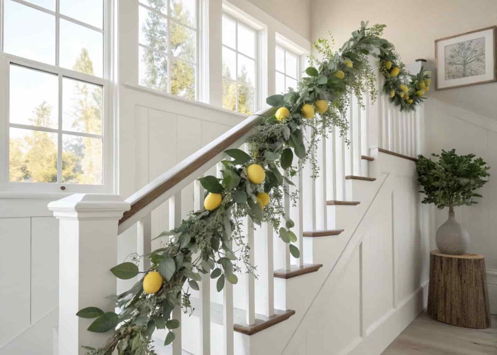 Fresh eucalyptus and lemon leaf garland draped over a white-painted staircase banister, bright spring morning light, minimal farmhouse interior, green and silver foliage tones, photorealistic