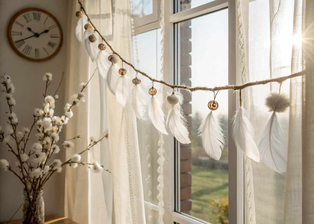 Delicate cotton branch and white feather garland on macrame cord, hanging near a sunlit open window with sheer curtains, airy and soft spring atmosphere, neutral boho tones, lifestyle photography