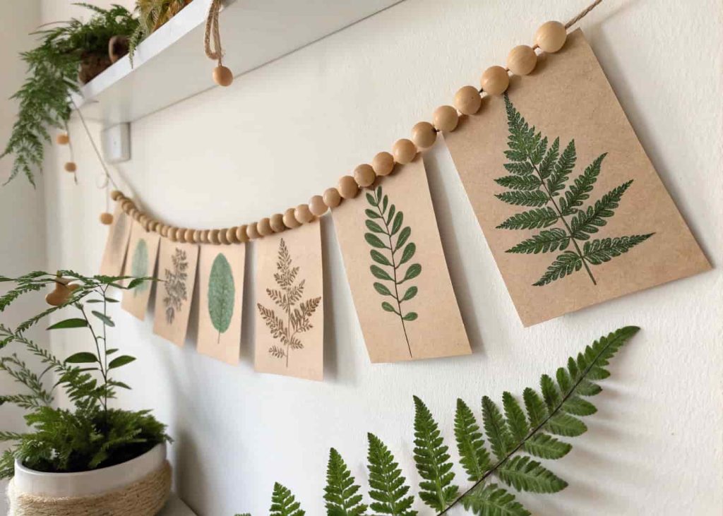 Botanical garland with pressed fern fronds and kraft paper leaves threaded on linen string with wooden beads, hanging against a clean white wall, soft natural light, minimalist rustic aesthetic