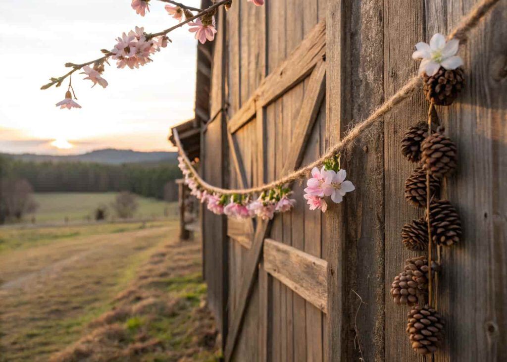 Rustic garland with small pinecones and soft pink faux cherry blossoms on thick jute rope, draped across an old wooden barn door, warm afternoon light, countryside farmhouse setting
