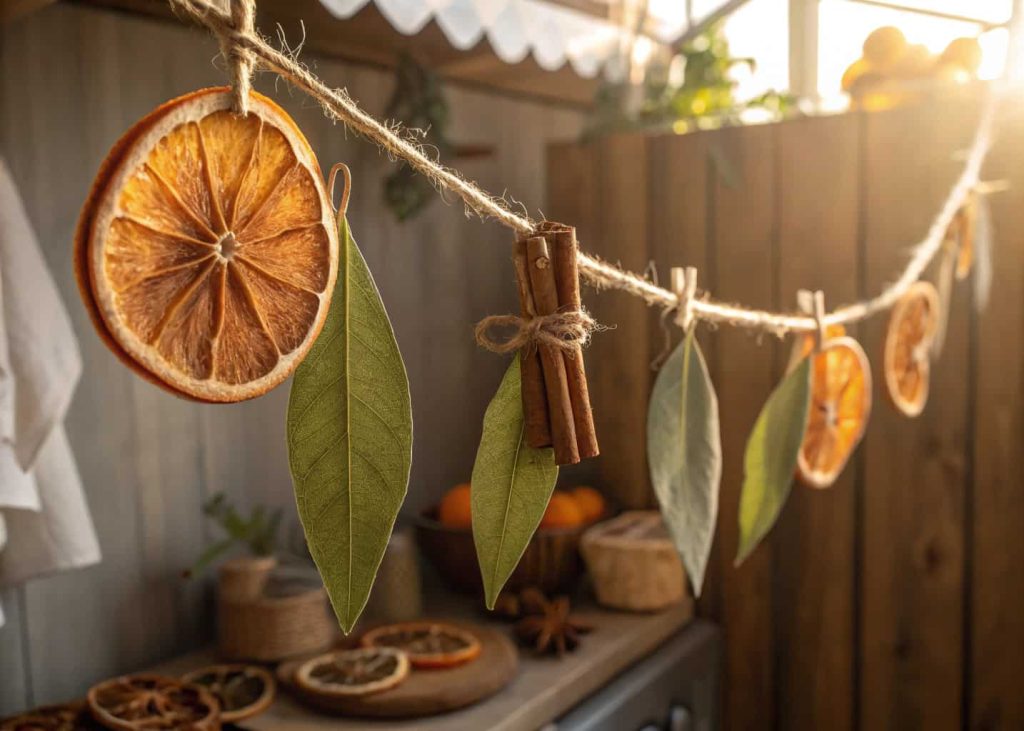 Dried orange slice and cinnamon stick garland on jute string with bay leaves, hanging in a warm rustic farmhouse kitchen, golden natural light, visible wood textures, food photography aesthetic