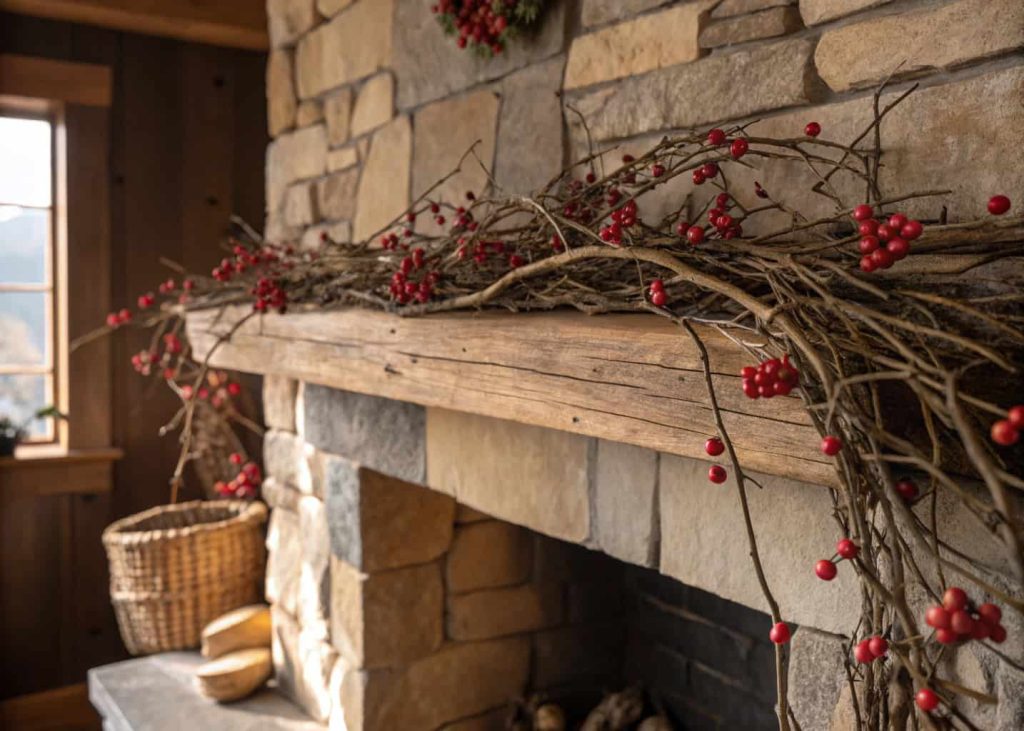 Twisted grapevine garland with red rosehips and dried berries, draped naturally along a rough wooden mantle above a stone fireplace, cozy rustic spring interior, muted warm color palette