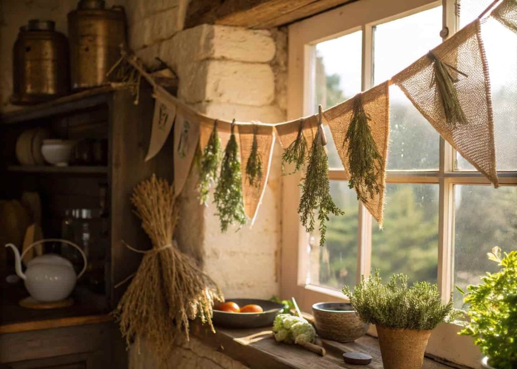 Rustic burlap flag bunting garland with small tied herb bundles of rosemary and thyme, strung in a cozy farmhouse kitchen, sunlight through a window, earthy natural textures, warm tones