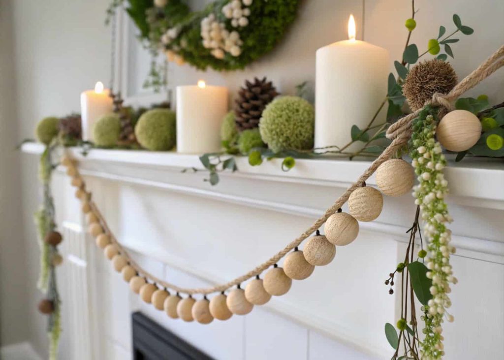 Natural wooden bead garland with greenery clusters and dried flowers on jute cord, styled on a white mantle with candles and spring foliage, Scandinavian rustic aesthetic, soft daylight