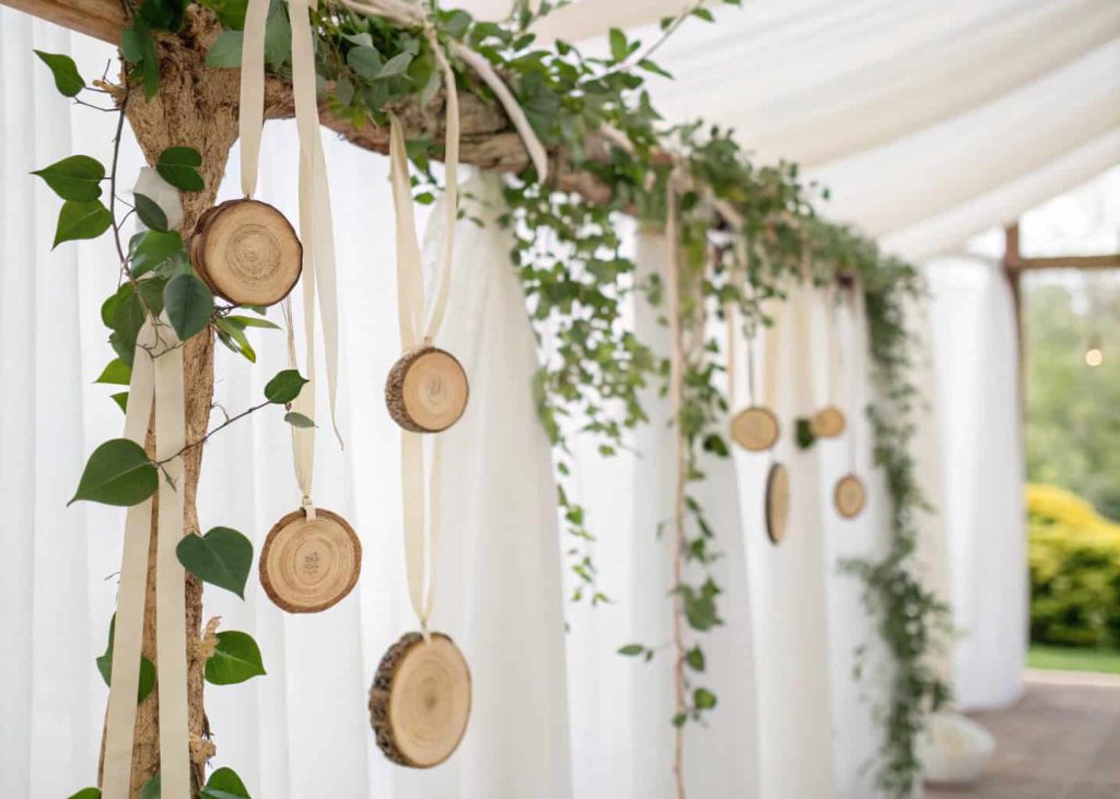 DIY garland of thin round wood slice medallions threaded on cream satin ribbon, hanging in a light-filled spring wedding venue with soft greenery backdrop, romantic rustic aesthetic