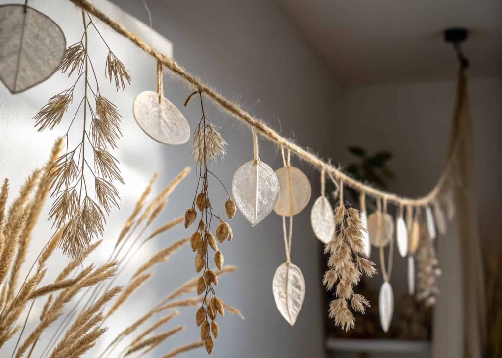 Rustic garland of dried seed pods, lunaria discs, and ornamental grasses on natural raffia, hanging in soft diffused window light, muted beige and silver tones, macro botanical photography aesthetic