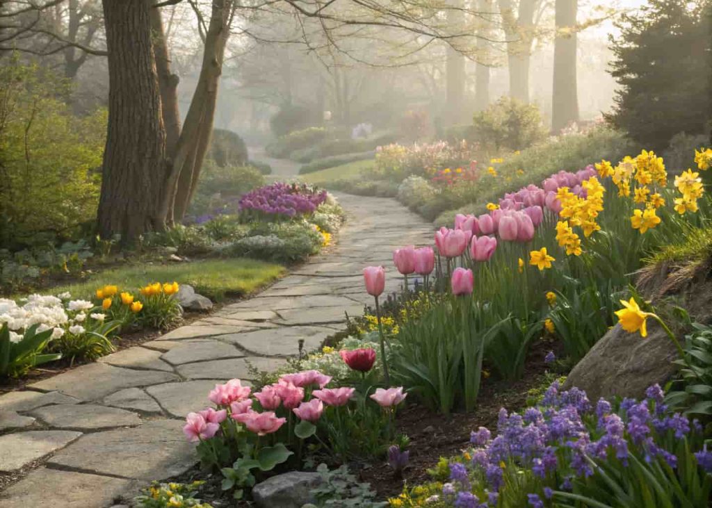 A lush garden border filled with colorful spring flowers including tulips, daffodils, and pansies in shades of pink, yellow, and purple, along a stone garden path, soft morning sunlight, photorealistic style.
