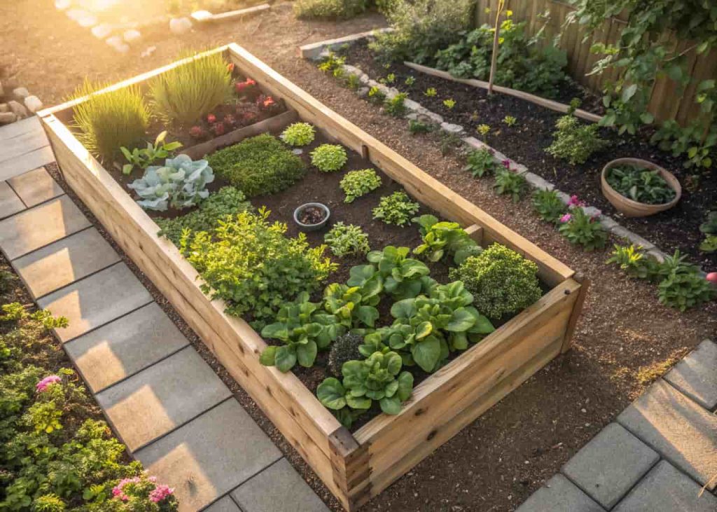  A neatly constructed wooden raised garden bed filled with fresh green herbs and spring vegetables, placed in a sunny backyard garden, surrounded by mulch and small flowering plants, warm daylight, top-down perspective, realistic photography.