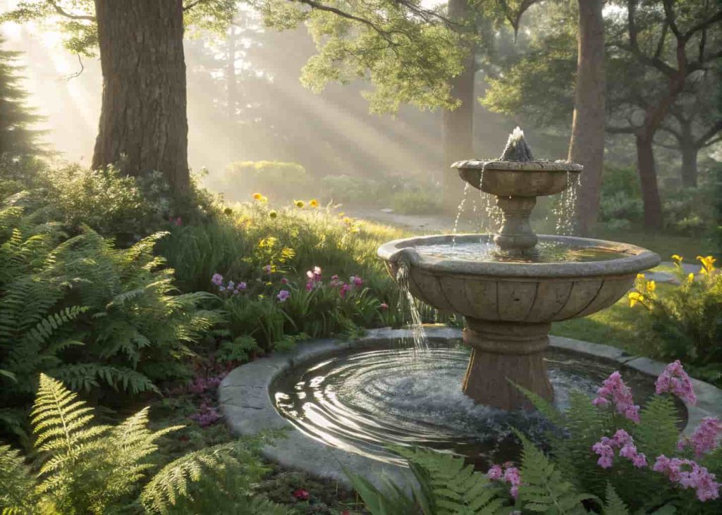 A tranquil garden water fountain surrounded by lush green ferns and spring flowers, soft rippling water, stone or ceramic bowl design, dappled sunlight through trees, peaceful and serene garden setting, photorealistic.