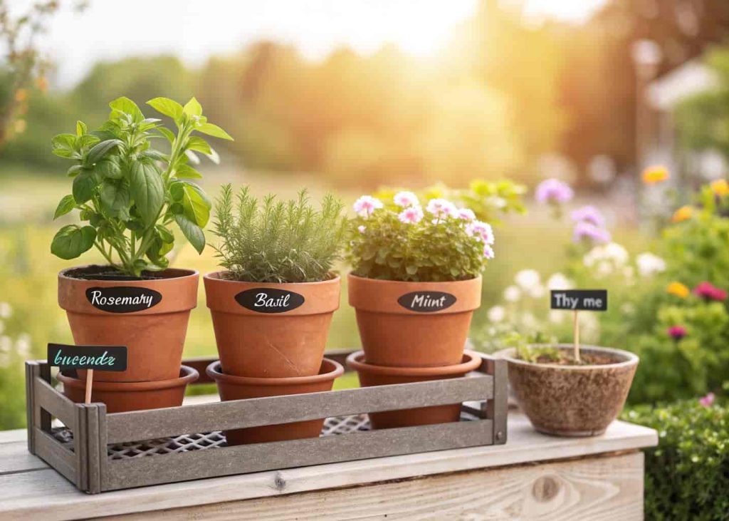 A charming herb garden in terracotta pots arranged on a rustic wooden shelf or garden bench, featuring rosemary, basil, mint, thyme, and lavender, labeled with small chalkboard signs, sunny garden background, warm and inviting aesthetic.