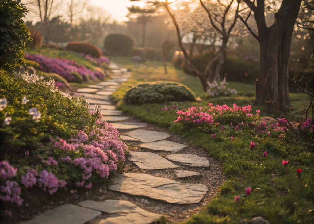 A beautiful garden pathway made of natural flagstone or stepping stones winding through a lush spring garden, bordered by flowering plants and ground cover, golden hour lighting, soft bokeh background, overhead slightly angled view.