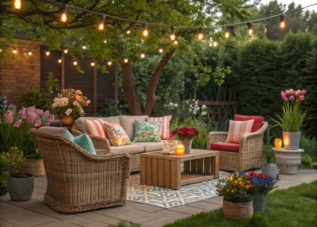 A cozy outdoor garden seating area with rattan furniture, colorful cushions, a wooden side table, surrounded by lush potted spring flowers and string lights hanging overhead, soft natural lighting, inviting and relaxed atmosphere.