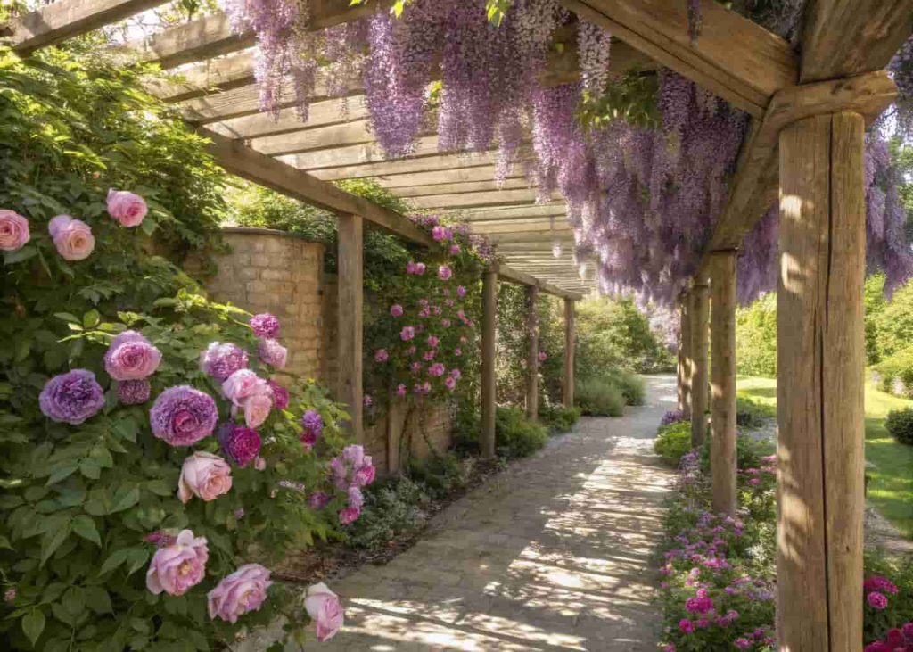 A wooden garden trellis or pergola covered in blooming wisteria or climbing roses in shades of purple and pink, green leaves cascading down, sunlight filtering through the flowers, romantic and lush garden setting, photorealistic.