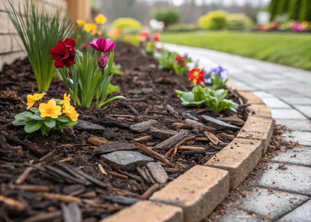  Freshly applied dark brown wood chip mulch around spring garden flower beds, with colorful blooming flowers emerging from the mulch, clean garden edges, morning dew on leaves, tidy and well-maintained garden aesthetic, close-up realistic photography.