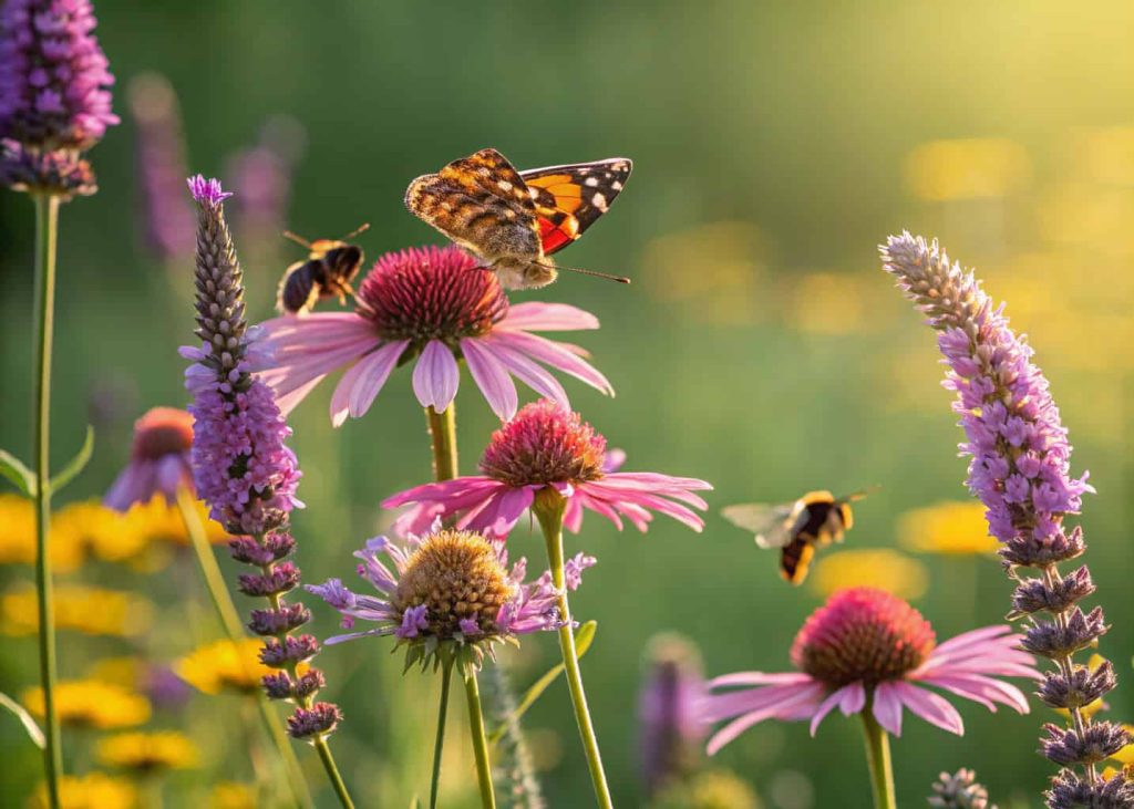 A vibrant pollinator garden filled with lavender, coneflowers, and marigolds in bloom, a colorful butterfly perched on a flower, bees hovering nearby, golden sunlight, green bokeh background, shallow depth of field, macro photography style.