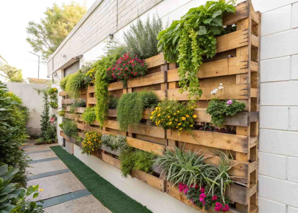A lush vertical garden wall made of wooden pallet or modular planter panels, filled with green herbs, colorful trailing flowers, and succulents, mounted on a white or brick wall, bright spring day, artistic and modern garden aesthetic.