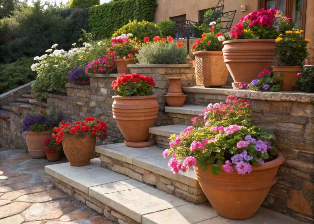 A beautiful arrangement of decorative garden pots in terracotta, ceramic, and glazed styles, filled with colorful geraniums, petunias, and succulents, arranged on stone steps or a garden patio, warm spring sunlight, photorealistic lifestyle photography.
