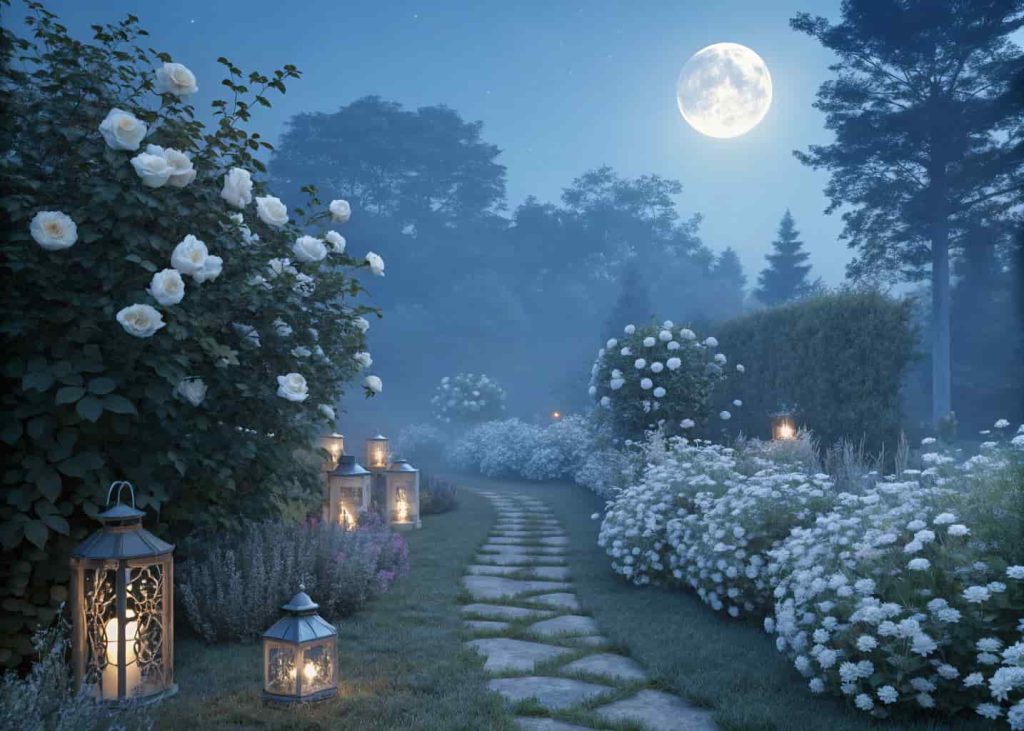  A serene moon garden filled with white roses, white phlox, and silvery plants glowing softly in moonlight, gentle outdoor candle lanterns placed along the path, ethereal and romantic night garden atmosphere, soft blue and white tones.