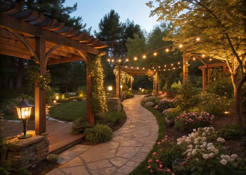 A beautifully lit spring garden at dusk with warm string lights draped over a pergola, solar stake lights along a stone garden path, soft glowing ambiance, flowering plants and trees illuminated from below, golden and cozy atmosphere.