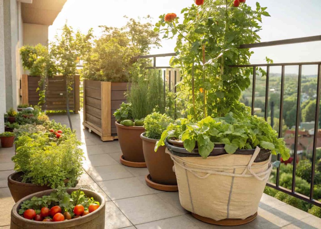 A thriving container vegetable garden on a sunny patio or balcony, with large pots and grow bags filled with tomato plants, lettuce, peppers, and cucumbers, lush green foliage, bright spring sunlight, lifestyle gardening photography.