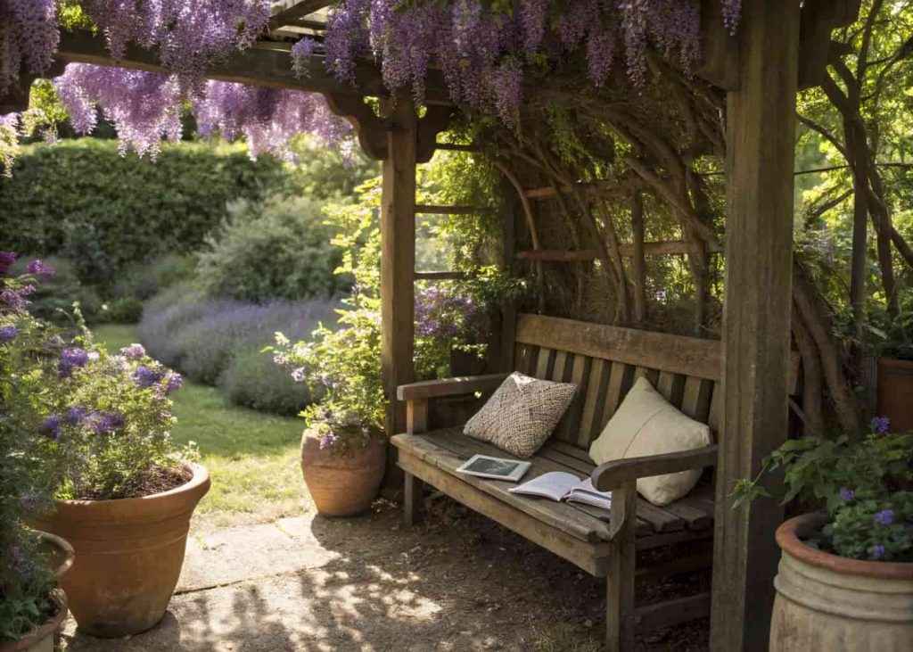 A cozy garden reading nook with a rustic wooden bench tucked beneath a flowering wisteria or rose arch, potted lavender nearby, a book on the bench, soft dappled sunlight filtering through flowers and leaves, peaceful and intimate garden setting.