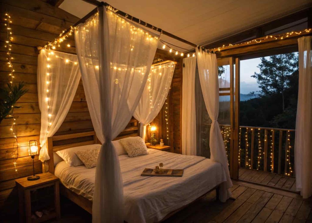 A cozy bedroom at night with warm golden fairy lights draped along a wooden headboard and cascading down sheer white curtains, soft amber glow filling the room, rustic wooden furniture, white linen bedding with plush pillows, dreamy and intimate atmosphere, photography style.
