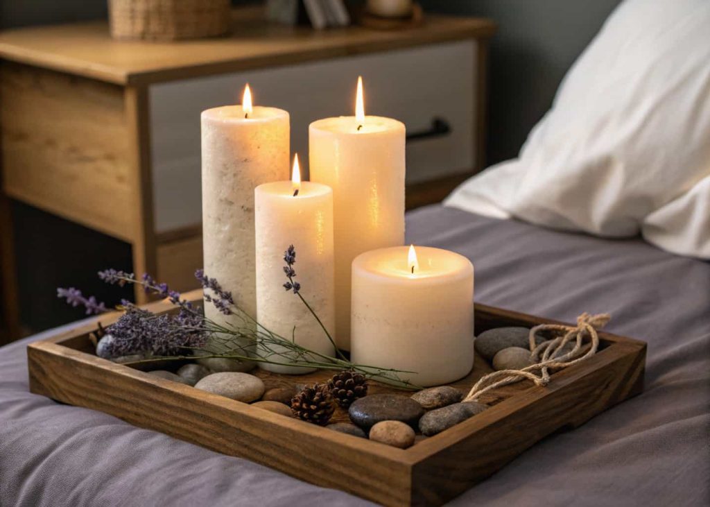 Cluster of three to five pillar and taper candles of varying heights arranged on a wooden tray on a bedside nightstand, warm flickering light, cozy dark bedroom background, lavender sprigs and small stones as decor, intimate night ambiance, close-up photography.