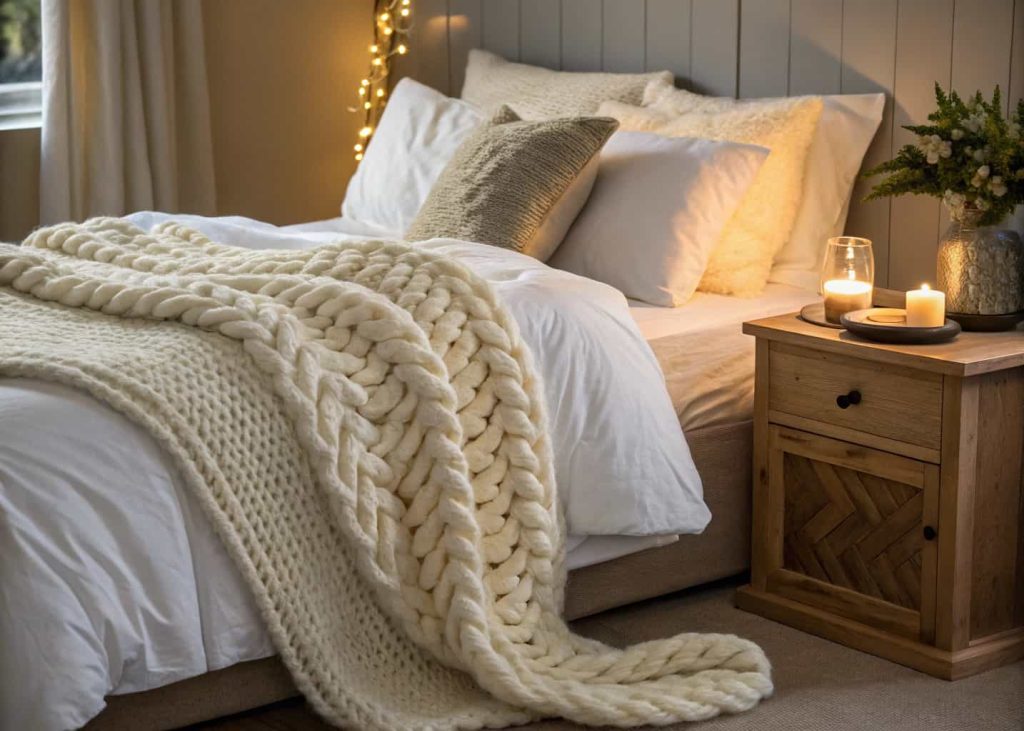A bed with luxurious chunky hand-knit cream wool blanket draped casually over white linen duvet, soft evening bedroom lighting, plush pillows, wooden nightstand with small candle, warm and cozy hygge atmosphere, lifestyle photography.