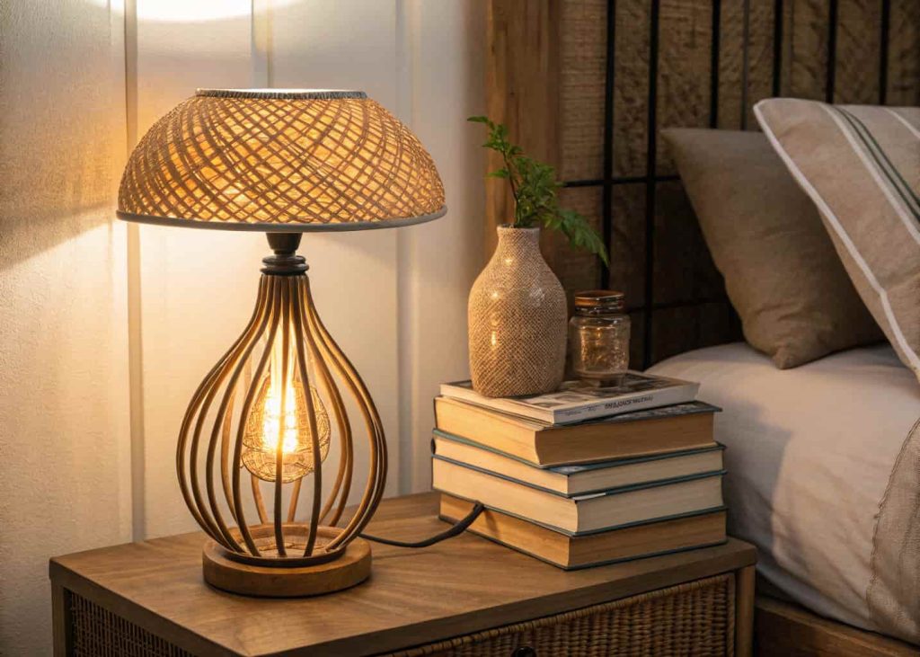  Close-up of a ceramic bedside table lamp with warm amber Edison bulb glowing softly, rattan or linen lampshade, cozy bedroom at night, stack of books beside lamp, soft shadows on wall, warm tones, interior lifestyle photography.