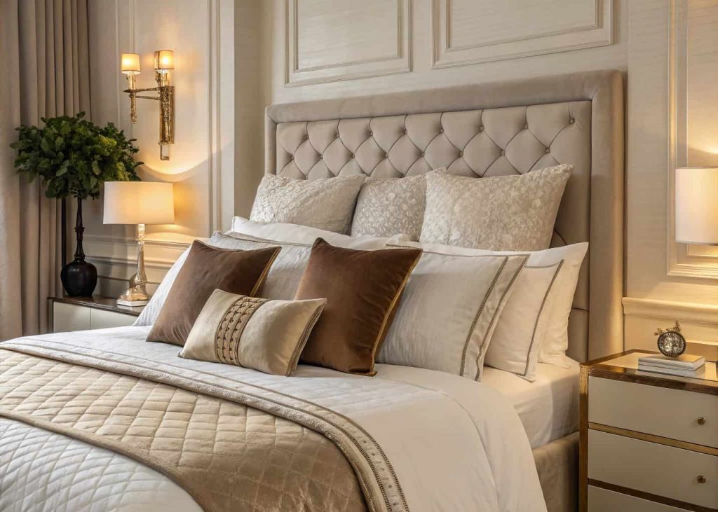 Beautifully layered bed pillow arrangement with Euro pillows, standard pillows, and small velvet cushions in ivory, taupe, and warm cream tones, soft bedroom night lighting, linen duvet, cozy and luxurious boutique hotel bed aesthetic, lifestyle photography.