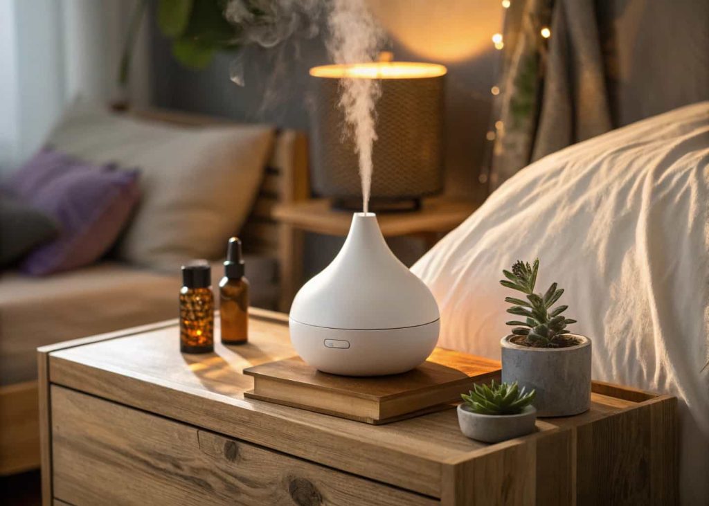 White ceramic ultrasonic essential oil diffuser releasing soft mist on a wooden nightstand at night, cozy warm bedroom lighting, small succulent plant beside it, lavender oil bottle nearby, calm and relaxing bedroom atmosphere, lifestyle close-up photography.