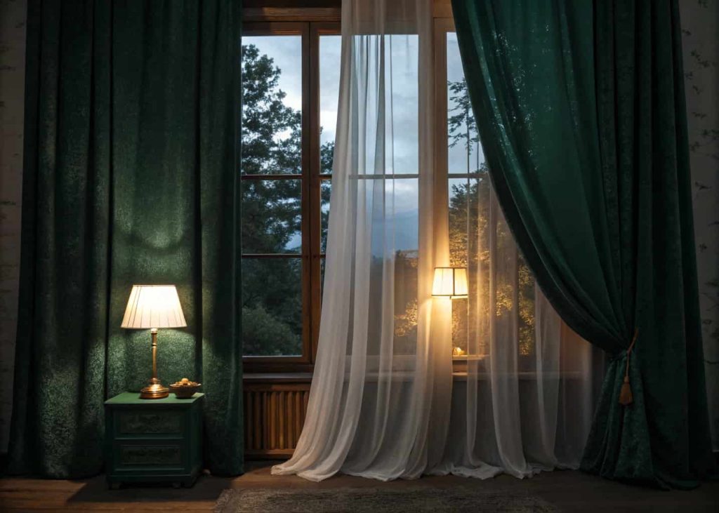 Bedroom window at night with layered curtains, heavy dark forest green velvet blackout curtains on the sides and soft white sheer curtains in the center, warm bedroom lamp light glowing from inside, cozy and moody interior, styled bedroom photography.