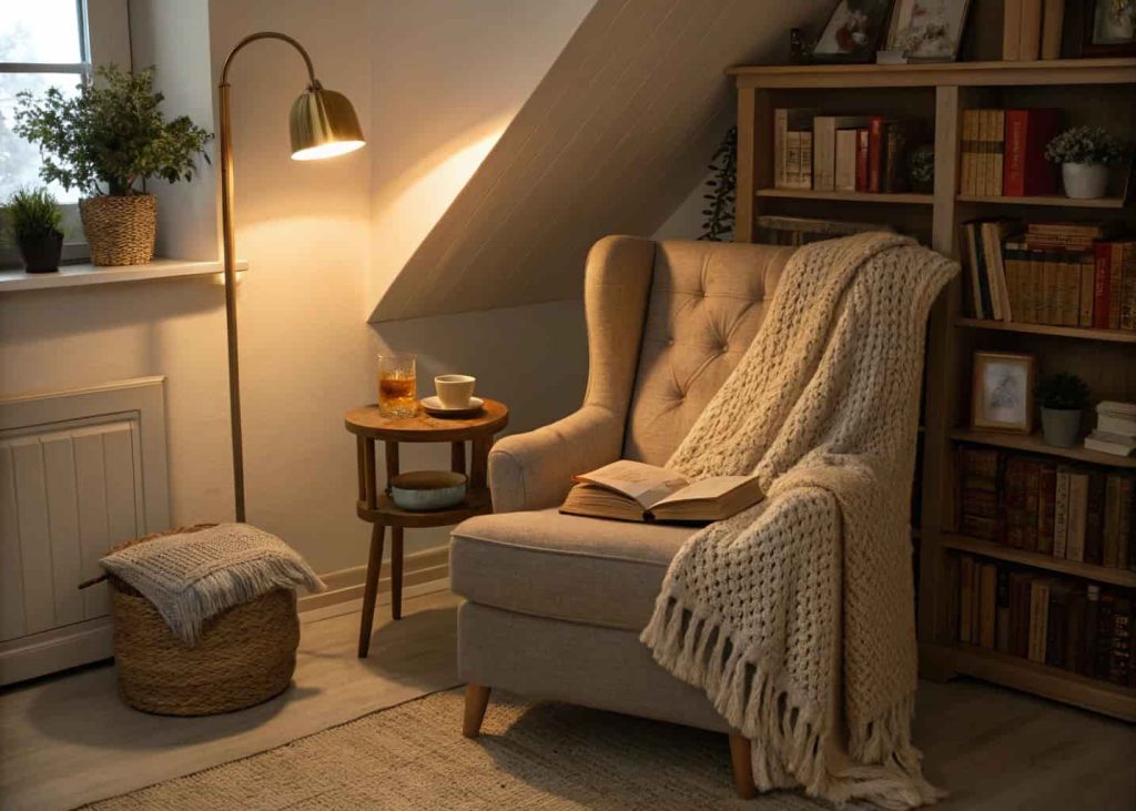 Cozy bedroom reading nook in a corner with a plush armchair in warm neutral fabric, soft floor lamp casting warm golden light, small wooden side table with a cup of tea and open book, knit throw blanket over armchair, bookshelves with plants, nighttime atmosphere, interior lifestyle photography.