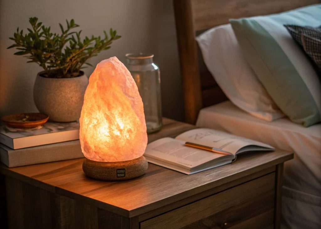 Natural Himalayan pink salt lamp glowing warmly on a wooden nightstand at night, soft orange-pink ambient light illuminating the surrounding bedroom, cozy dark room background, small plant and book beside it, warm and relaxing bedroom atmosphere, close-up photography.