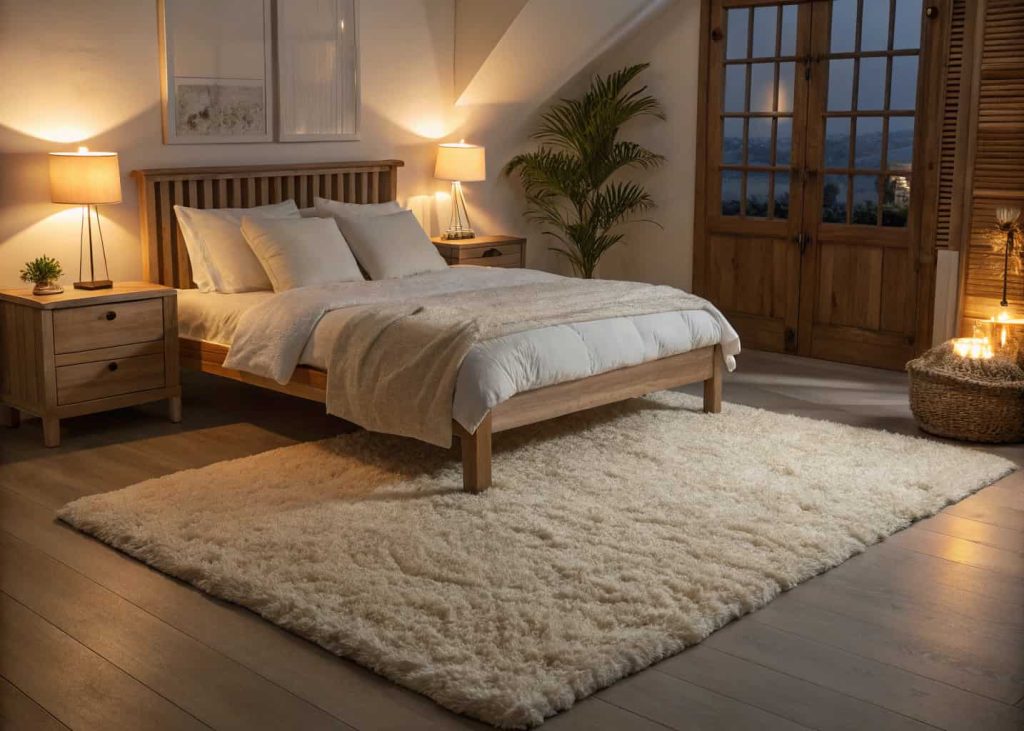 Cozy bedroom at night with a large plush cream shaggy rug beside a bed with white linen bedding, warm ambient lighting from bedside lamps, wooden bed frame, soft shadows, bare feet detail optional, hygge bedroom aesthetic, interior lifestyle photography.