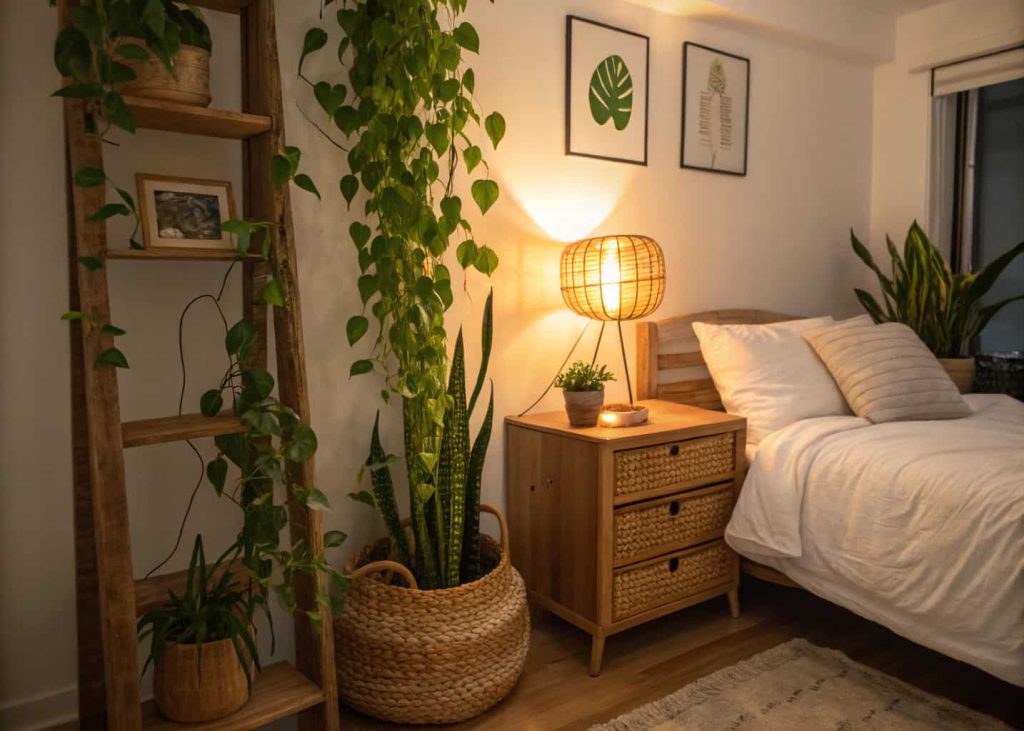 Cozy bedroom at night with lush green pothos plant trailing from a shelf and a tall snake plant in a woven rattan basket in the corner, warm golden lamp light, white and natural linen bedding, wooden furniture, calm and botanical bedroom aesthetic, interior photography.