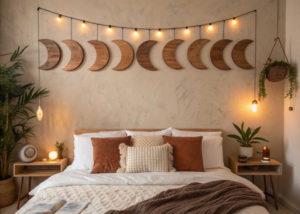 Series of moon phase ceramic or wooden wall hangings arranged in a horizontal line above a cozy bed, warm bedroom lighting, white linen bedding with layered pillows below, muted cream and terracotta tones, boho bedroom night aesthetic, interior lifestyle photography.