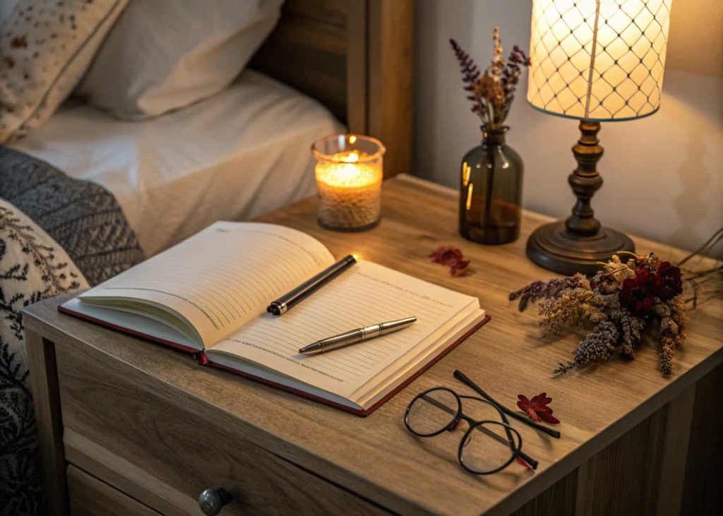 Cozy nightstand at night with an open hardcover journal, a quality pen resting on the page, small lit candle beside it, warm amber lamp glow, reading glasses and dried flowers as accent details, wood grain nightstand surface, calm bedroom writing aesthetic, close-up lifestyle photography.