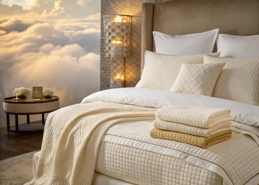 Luxuriously layered bed with multiple bedding layers in white, cream, and warm ivory tones, waffle weave blanket folded back over linen duvet, plush pillow arrangement, soft warm bedroom night lighting, dreamy cloud bed aesthetic, boutique hotel style bedroom photography.